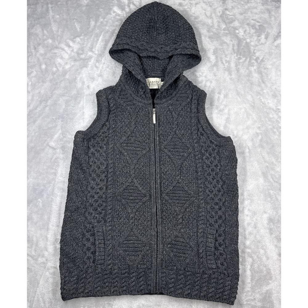 Blarney Aran Carol Hoodie Vest Womens S Gray Merino Wool Zip Sleeveless